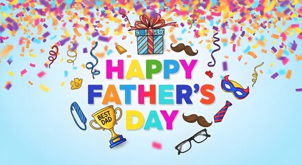 Fototapeta premium Vibrant happy father's day celebration background with colorful confetti and party accessories