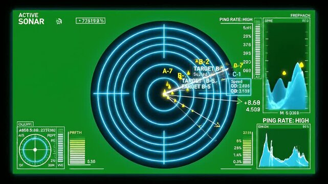 Digital Sonar Interface Screen with Target Detection - This video shows a digital sonar interface with a radar screen displaying multiple object identification and tracking.