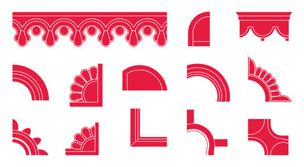 Decorative architectural elements, ornate red and white cornice and eaves designs for traditional building styles, vector illustration for heritage building projects © John D. Thornton