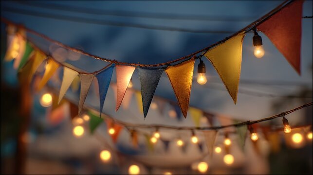 Colorful festive bunting flags and warm string lights illuminate the twilight sky