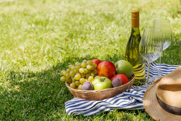 Naklejka premium Picnic with wine, fruits, and baguette on a green meadow