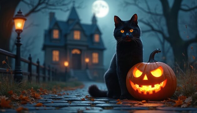 Black cat sits with glowing eyes next to carved pumpkin lantern on cobblestone path. Spooky house and full moon in background night scene. Autumn leaves on ground.