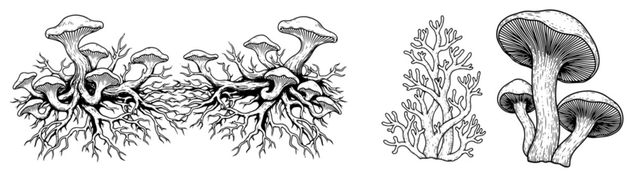 Set of detailed mushroom sketches with intricate root systems in botanical line art style