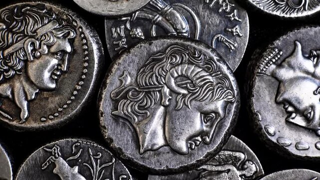 Coin with Alexander the Great portrait and Ancient Greek silver metal money, pattern of vintage coins