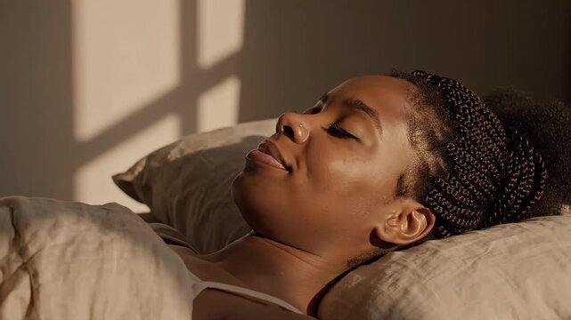 Young adult woman resting in bed, breathing deeply in warm afternoon light. Window frame shadows on the wall. Mental health and wellness concept