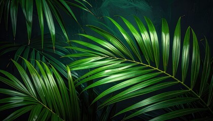Obraz premium Lush, vibrant palm leaves create a dramatic and textured botanical display against a dark background.