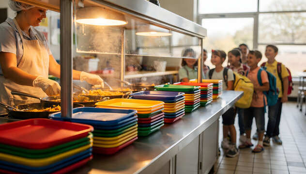 School cafeteria scene with a server dishing out food to cheerful children waiting in line with colorful lunch trays, highlighting healthy eating and education