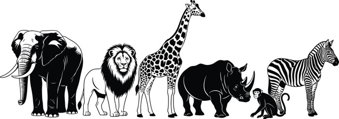 African Safari Animal Vector Set, Black and White Wildlife Collection Featuring Elephant, Lion, Giraffe, Rhino, Zebra, Monkey, Isolated Nature Design Elements © Mehedi