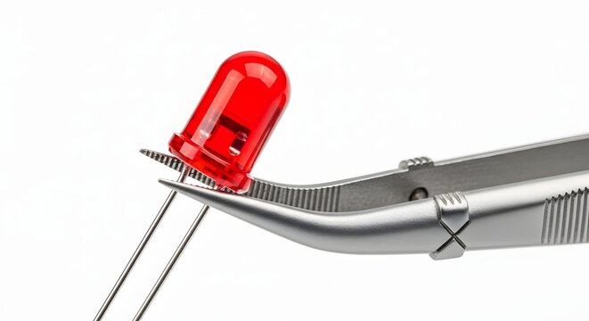 Metal tweezers holding a red through-hole led against a white background