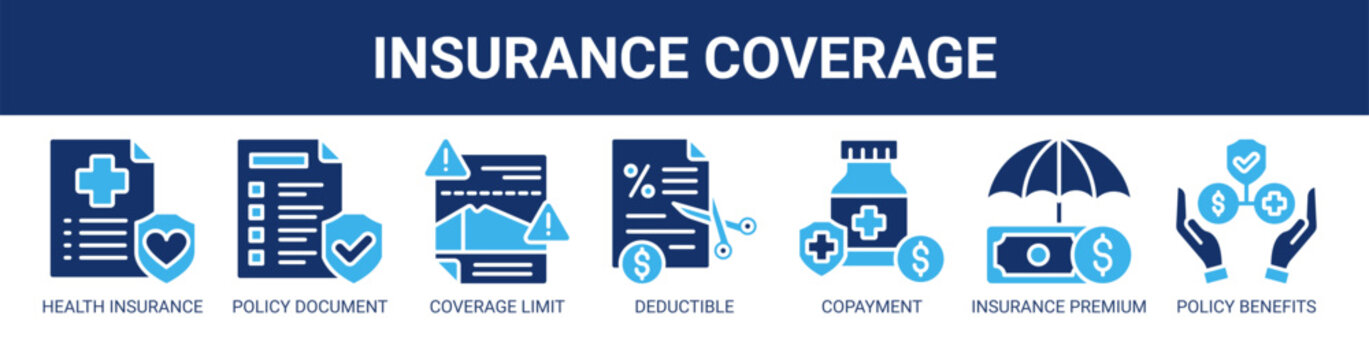 Insurance Coverage web banner icon vector illustration concept with icons of health insurance, policy document, coverage limit, deductible amount, copayment, insurance premium, and policy benefits.