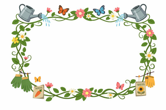 Gardening and Nature Decorative Border Frame with Tools Flowers and Butterflies