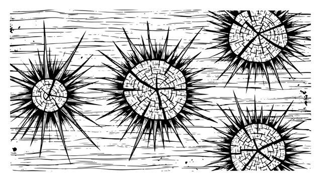 Pattern of splintered bullet holes and impact marks on wood texture