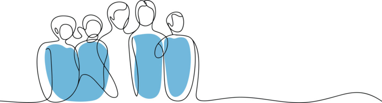Group of five diverse human figures depicted in a single continuous line sketch