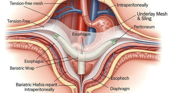 Medical illustration of bariatric wrap around esophagus and diaphragm image