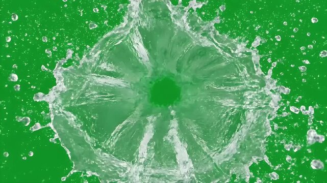 Water splash expanding in circular crown shape on green screen background