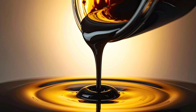 A close-up shot showcases a viscous, dark liquid gracefully pouring into a pool of shimmering golden liquid, creating captivating ripple patterns against a warm, blurred background.