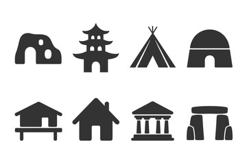 Silhouette icons of diverse architectural structures and shelters © Priyom