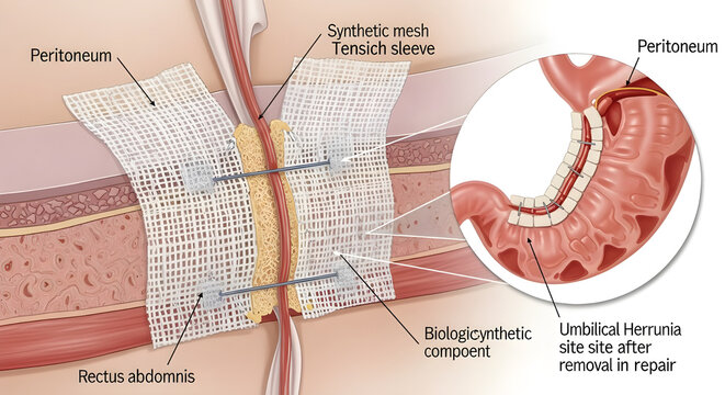 Medical illustration of umbilical hernia repair with synthetic mesh image