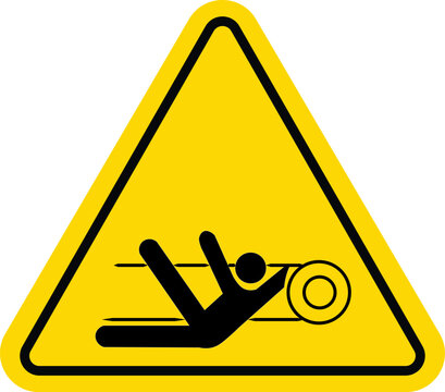 yellow triangular warning sign showing a person getting caught in a conveyor belt nip point hazard