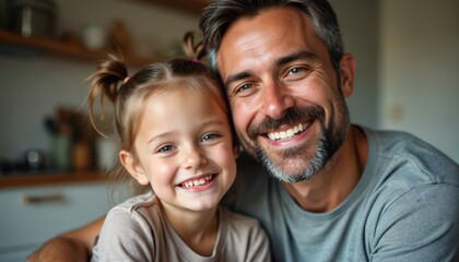 Fototapeta premium Father and daughter share a joyful moment indoors. They smile warmly at the camera, showing close bond. This happy family scene conveys love and affection in home setting.