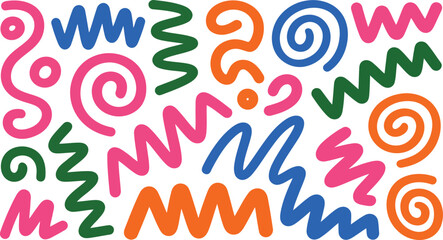 Fototapeta premium Playful bright colorful hand drawn squiggly lines spirals and zigzags create a vibrant pattern