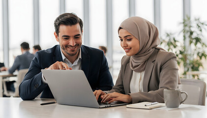 Obraz premium Diverse Business Professionals Collaborate on Laptop in Modern Office, Engaging in Teamwork, Sharing Ideas, and Utilizing Technology for Project Discussion