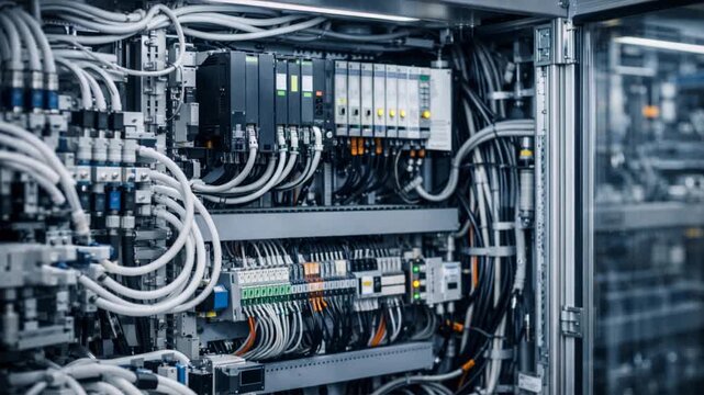 Industrial automation control cabinet with PLC modules and wiring