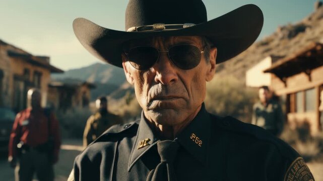 Portrait of sheriff in countryside, face of man wearing uniform. Police officer in sunglasses like in action thriller movie. Concept of western, law, scene