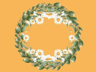 Wreath composed of white daisies (Bellis perennis) with yellow centers and green eucalyptus leaves arranged in a circular pattern. © ALEXO444