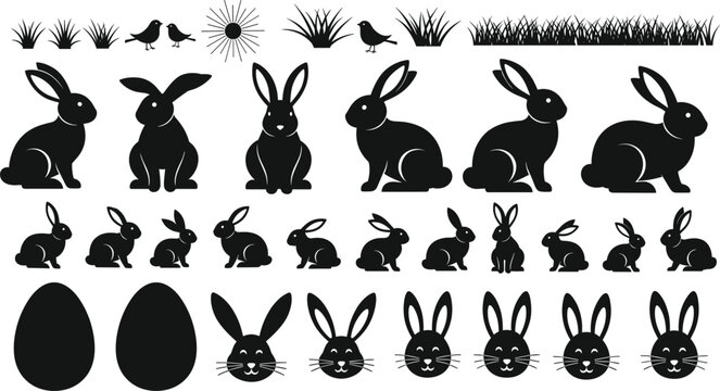 Black rabbit silhouette collection featuring Easter bunny characters in various poses with eggs grass and birds cad drawing flat vector illustration