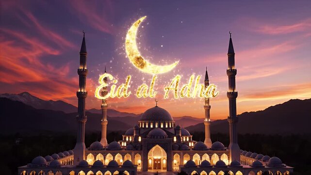 Glowing Eid al Adha message and moon above mosque at sunset