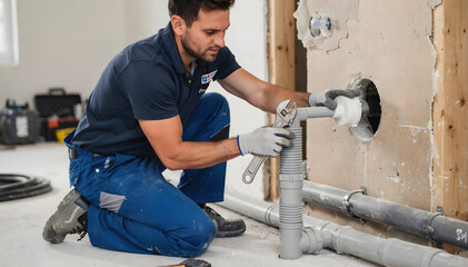 Dedicated worker install drainage pipes within a residential renovation project, ensuring proper water flow and sanitation in the new home
