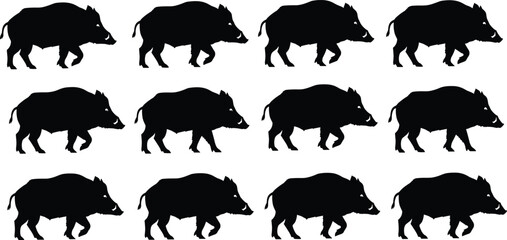 Fototapeta premium Black wild boar silhouette set on white background isolated group of forest animals for hunting logos and nature vector design