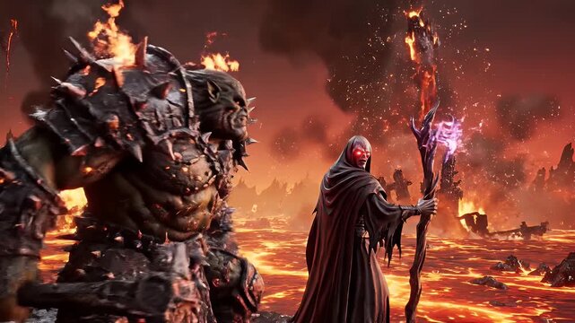 Fantasy Creatures in Hellscape - A large, armored ogre-like creature stands menacingly next to a hooded figure with glowing red eyes who is wielding a gnarled staff, in a burning hellscape