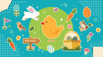 Obraz premium Easter collage banner with Easter objects. Easter trendy background. Concept of Easter, spring, holiday celebration.
