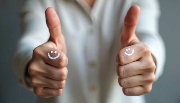Person gives two thumbs up. faces drawn on fingers show positive feedback and satisfaction. Represents approval, good service, and happy customers.