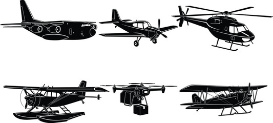 Aircraft silhouette illustration set, airplane helicopter drone artwork, aviation transport vector drawing, flight design concept © Dilip