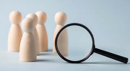 Fototapeta premium Wooden figures and magnifying glass on light blue background search research analysis