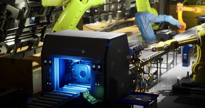 Advanced robots are engaged in assembly tasks on a factory production line. A brightly lit machine processes engine components, highlighting precision and efficiency in manufacturing.