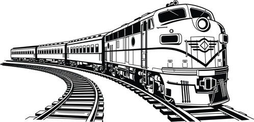 Curved railroad train illustration, passenger locomotive artwork, railway transport vector drawing, motion perspective silhouette design concept © Dilip