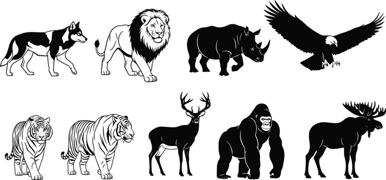 Collection of Wildlife Animal Silhouettes, Lion, Tiger, Rhino, Eagle, Gorilla, Moose, Wolf, and Deer, cad drawing flat vector illustration, Nature Fauna.