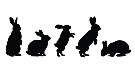 Five black rabbits in various poses against a white background silhouette