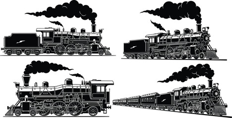 Vintage steam locomotive illustration, black and white train artwork, historical railway engine drawing, industrial revolution transport, classic retro mechanical design © Dilip