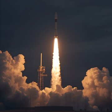 space rocket lifting off from launch image. Space shuttle with blast and blast lift off into space on a dark background
