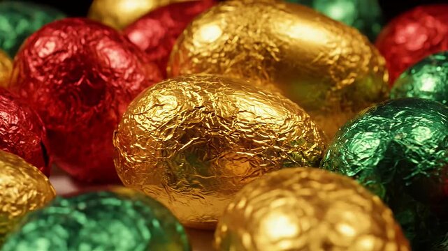 Multi-colored foil chocolate eggs in red gold and green colors