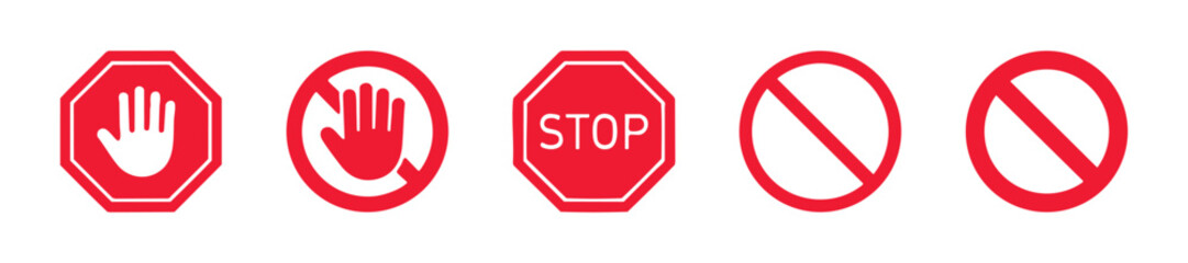 Stop sign icon with hand symbol. Red warning stop gesture sign. Attention danger alert symbol for traffic, safety instruction and prohibition concept isolated vector illustration.