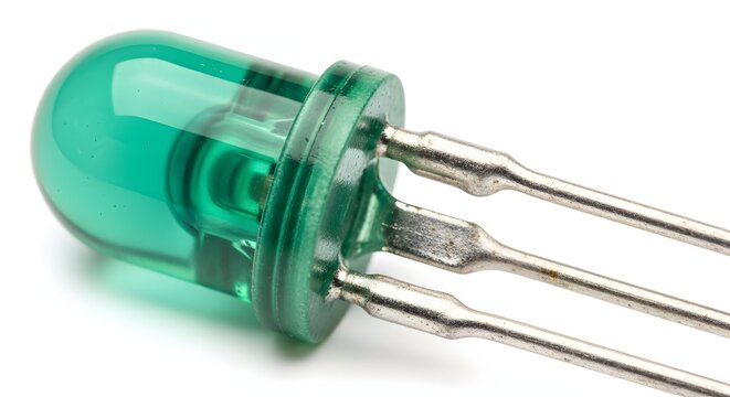 Green light-emitting diode isolated on white background, macro photo of electronic component