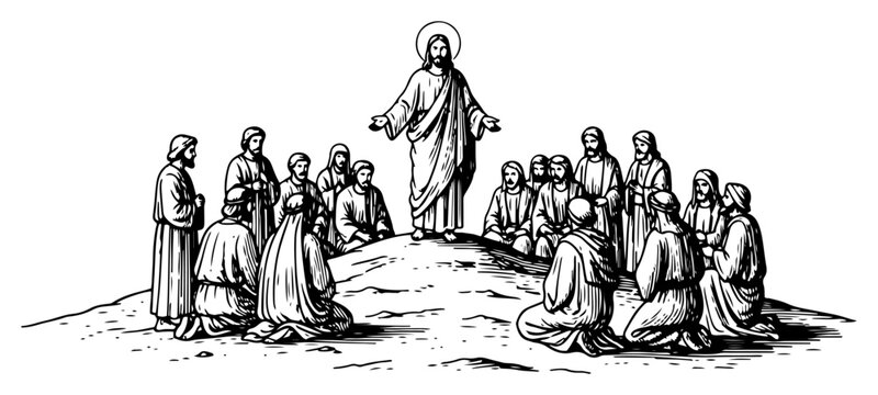 Jesus Christ preaching the gospel to a group of disciples in traditional black and white woodcut style