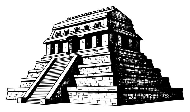 Ancient Mayan step pyramid temple ruins in vintage woodcut engraving style