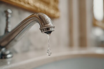 Close-up of a shiny chrome faucet with a dripping water droplet, set against a blurred marble background and ornate golden frame, creating a luxurious feel.